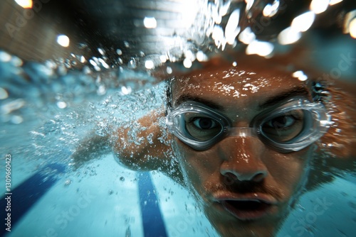 A determined swimmer propels through the water, showcasing intense focus and athleticism in a vibrant underwater setting filled with shimmering bubbles. photo