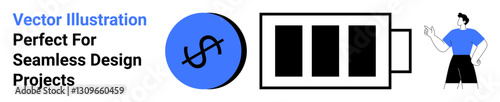 Battery icon with dollar sign and a person gesturing optimism highlights energy, efficiency, finance, and empowerment. Ideal for technology, finance, motivation, business growth, sustainability