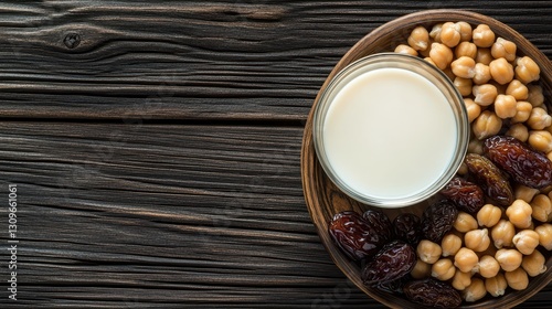 Top view of a glass of milk and dates on a wooden table as a treat during Ramadan. Template concept with copy space for text. Ramadan or Islamic themed banner design