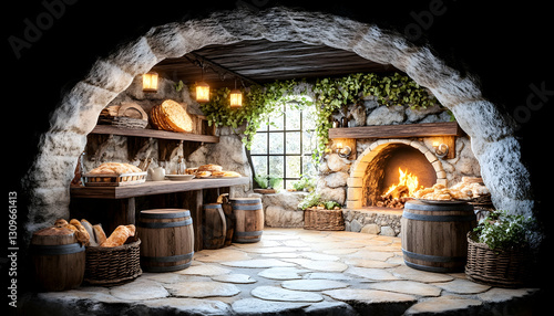 Cozy stone bakery interior with fireplace, bread, and barrels.