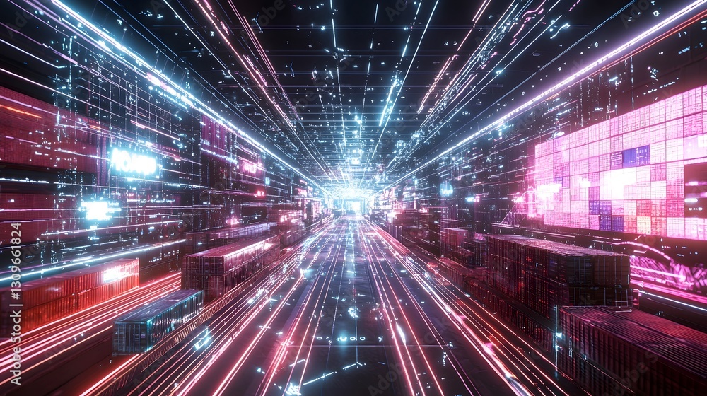 Visualization of a Futuristic Logistics Network with Digital Hologram of Cargo Ships and Global Trade Routes This abstract digital art image depicts a complex logistics network with ships routes Visualization of a Futuristic Logistics Network with Digital Hologram of Cargo Ships and Global Trade Routes This abstract digital art image depicts a complex logistics network with ships routes