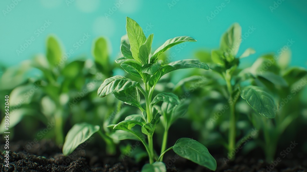 Fresh Green Basils Growing Vibrantly in Moist Soil Underbright Light Fresh Green Basils Growing Vibrantly in Moist Soil Underbright Light