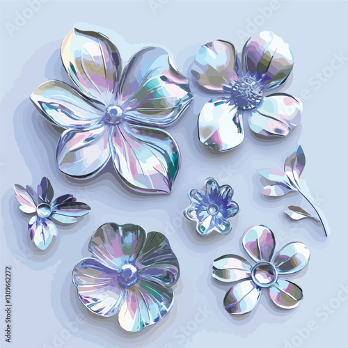 Iridescent 3D Silver Flowers Set - Vibrant and Stunning Floral Arrangement Photography
