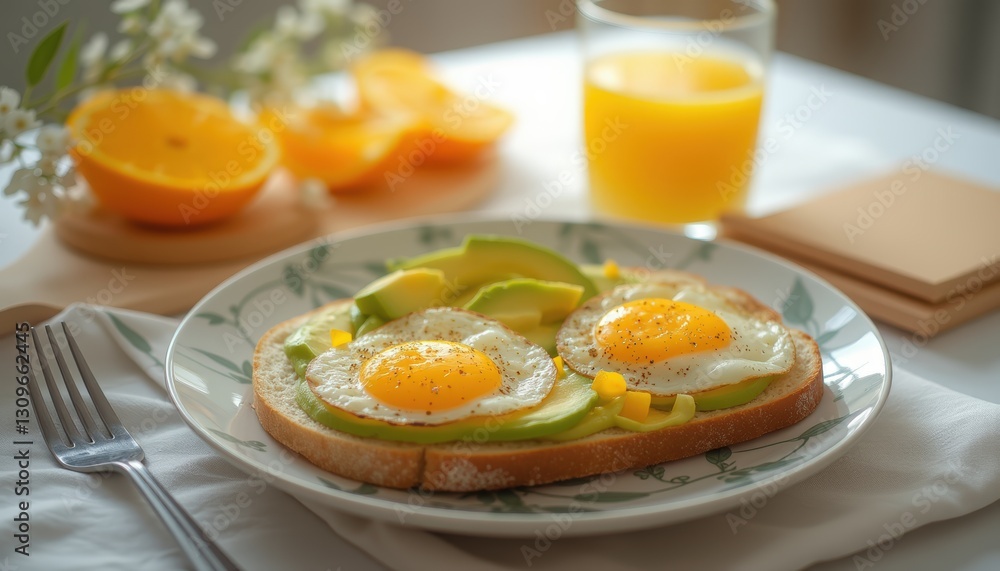 Toast with avocado and fried eggs served with orange slices and juice for a refreshing breakfast Toast with avocado and fried eggs served with orange slices and juice for a refreshing breakfast