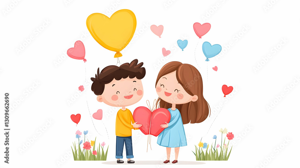 Cute boy and girl sharing a heart-shaped gift. Cute boy and girl sharing a heart-shaped gift.