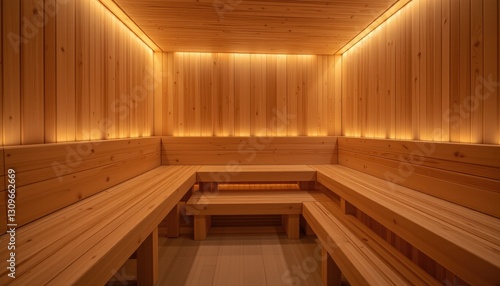  Empty wooden sauna with warm glowing lights ready for relaxation