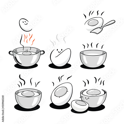 Food set. How to boil an egg instruction collection. Cooking direction for soft and hard boiled eggs and other cooking elements. Modern cartoon concept. Vector illustration