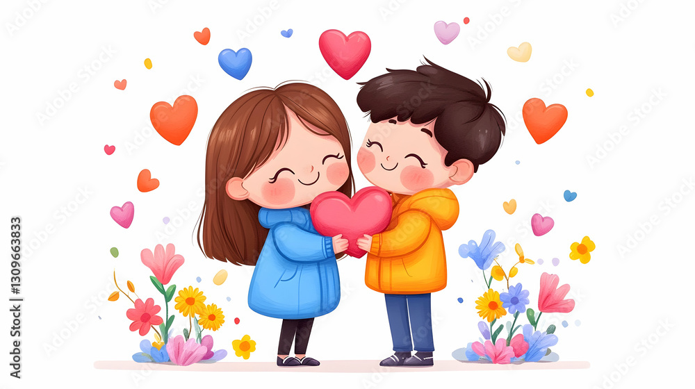 Cute couple sharing a heart, surrounded by flowers and hearts Cute couple sharing a heart, surrounded by flowers and hearts