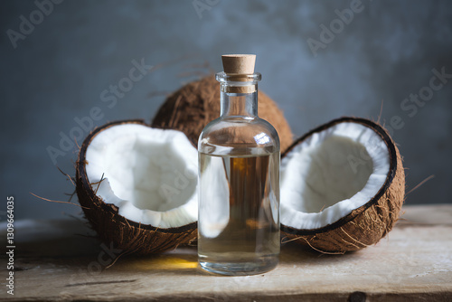 coconut oil and coconut in the rustic setting, with a blurred background, natural light