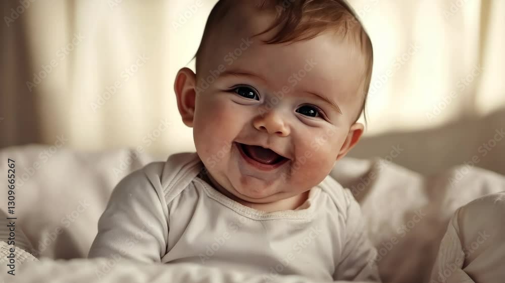 Happy baby laughing joyfully in a cozy setting with soft lighting Happy baby laughing joyfully in a cozy setting with soft lighting