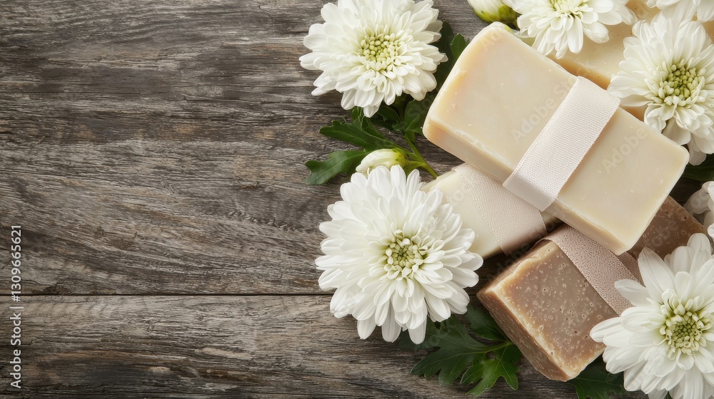 Natural Handmade Soaps with White Flowers on Rustic Wooden Background Natural Handmade Soaps with White Flowers on Rustic Wooden Background