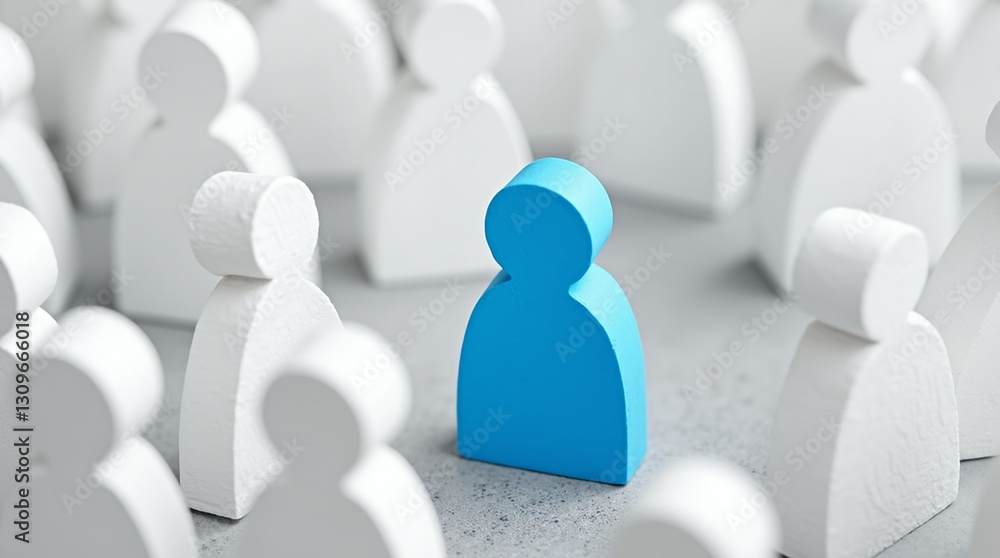 The Uniqueness: A vibrant blue figure stands out amongst a sea of anonymous white figures, visually representing concepts such as individuality, leadership, and standing out from the crowd