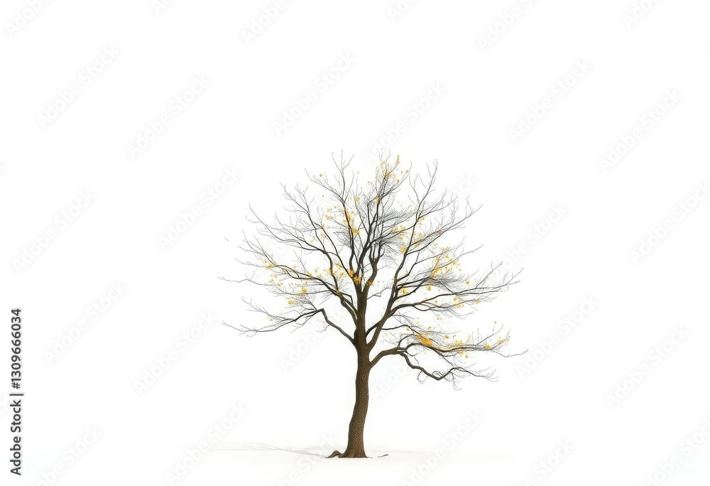 Fototapeta premium Lone deciduous tree, stark branches against pure white, backdrop, winter