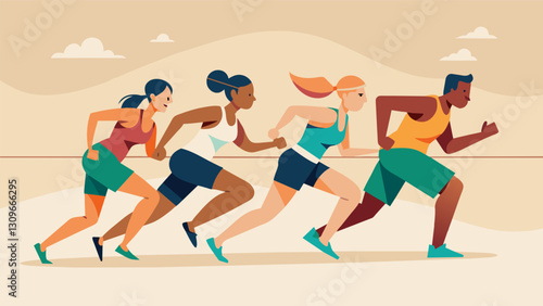 A diverse group of athletes each with their own unique running styles pushing themselves to the limit in the sandy race.. Vector illustration