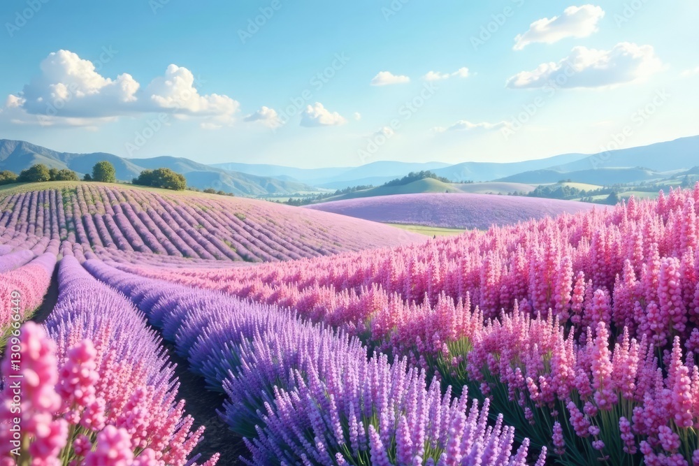 Obraz premium Pastel-colored spring flowers dotting the rolling hills of a lavender field, spring flowers, floral