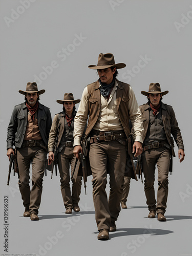 Pulling of a wild west bank job. A band of outlaws walking while isolated on gray.