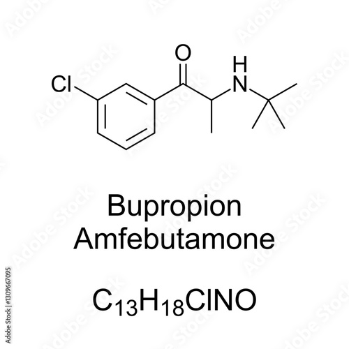 Bupropion, chemical formula and structure. Formerly called amfebutamone, an atypical antidepressant indicated in treatment of depressive disorder, seasonal affective disorder and smoking cessation.