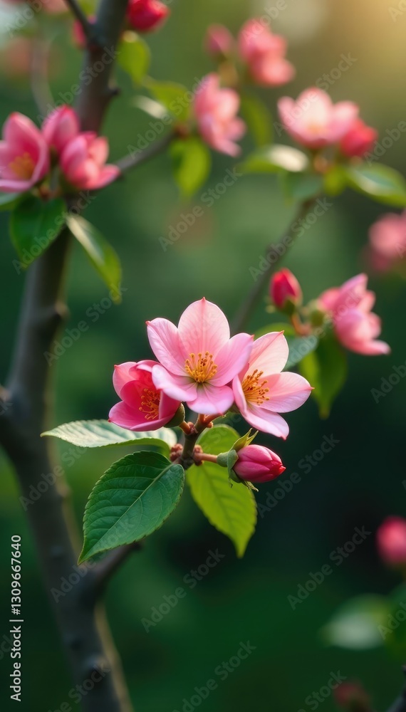 Petite fleurs roses s'?panouissent sur les branches d'un arbre ? feuilles vertes, fleurs, paysage, d?coration Petite fleurs roses s'?panouissent sur les branches d'un arbre ? feuilles vertes, fleurs, paysage, d?coration