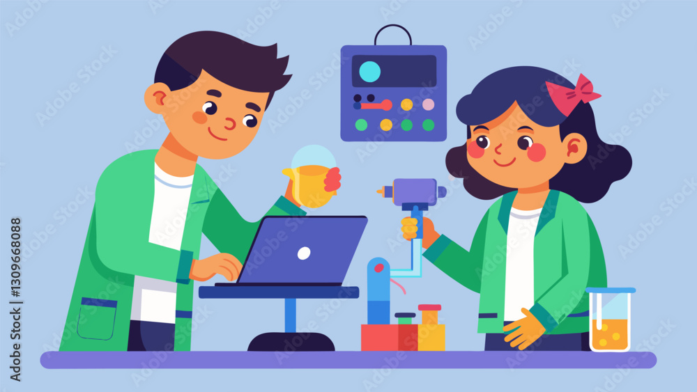 Two siblings collaborating on a science project in a virtual laboratory manipulating objects with handheld controllers.. Vector illustration Two siblings collaborating on a science project in a virtual laboratory manipulating objects with handheld controllers.. Vector illustration
