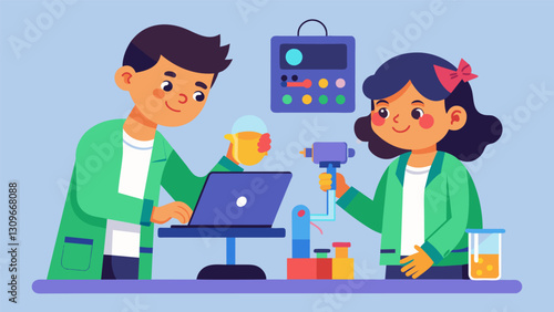 Two siblings collaborating on a science project in a virtual laboratory manipulating objects with handheld controllers.. Vector illustration