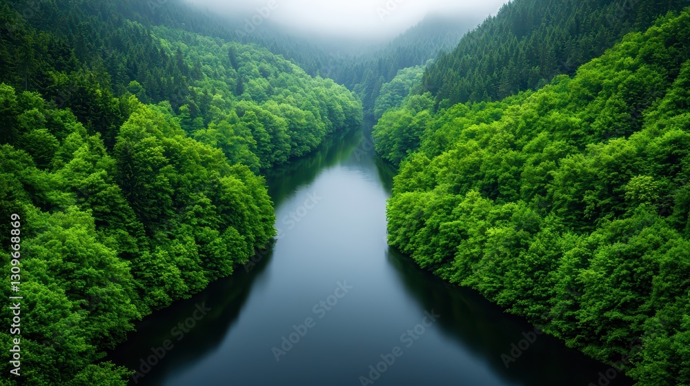 Serene View of a Clean River Flowing Through Lush Green Forest in Atmospheric Conditions Serene View of a Clean River Flowing Through Lush Green Forest in Atmospheric Conditions