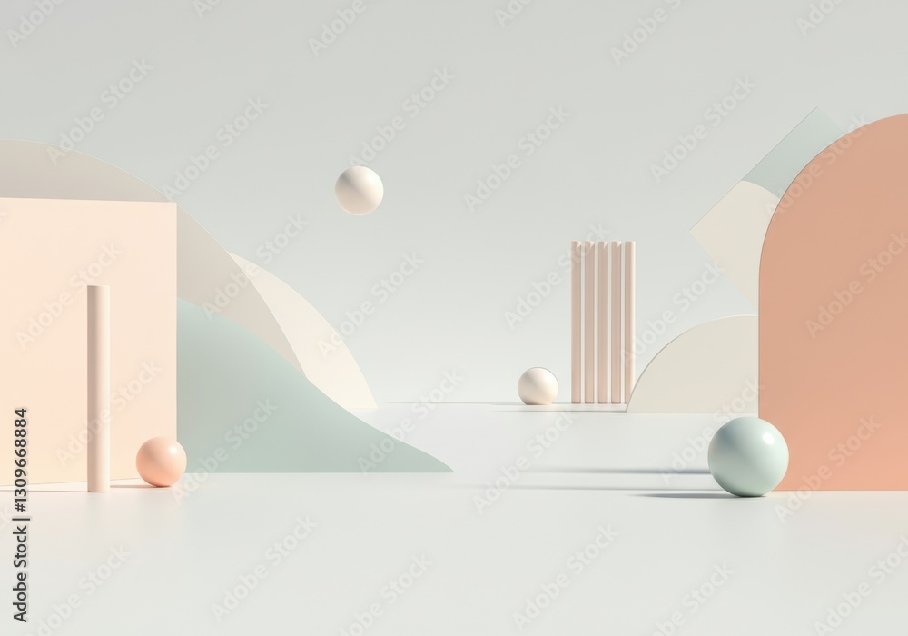 Abstract composition of pastel geometric shapes and spheres in a serene setting