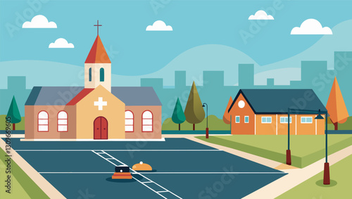 The church parking lot was transformed into a makeshift street hockey rink for the churchs youth sports league.. Vector illustration
