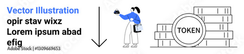 Woman holding small object, descending arrow pointing to token-labeled coin stacks. Ideal for finance, technology, blockchain, investment, startup, economy, flat landing page banner