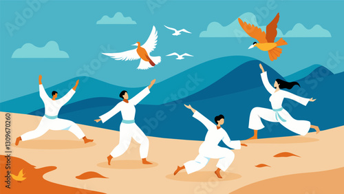 Sea birds circle above a group of Tai Chi practitioners on the sandy beach their movements resembling a beautiful and ancient dance as they harness. Vector illustration
