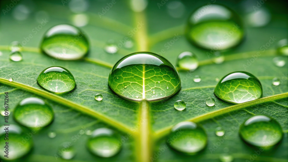 Fototapeta premium Fresh water droplets on green leaf, showcasing nature beauty and detail