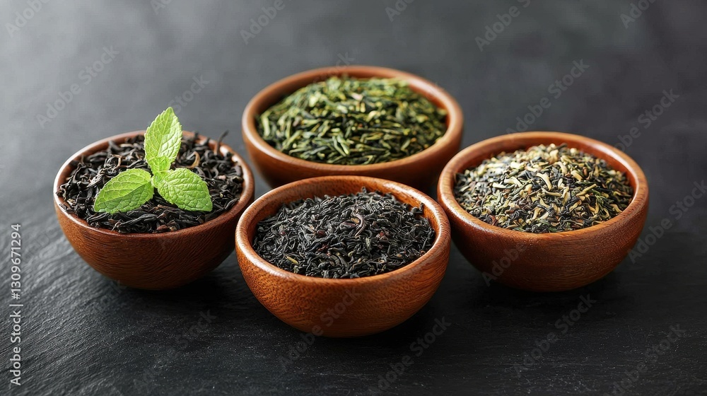 Assorted Herbal Teas in Wooden Bowls on Dark Stone Surface Assorted Herbal Teas in Wooden Bowls on Dark Stone Surface