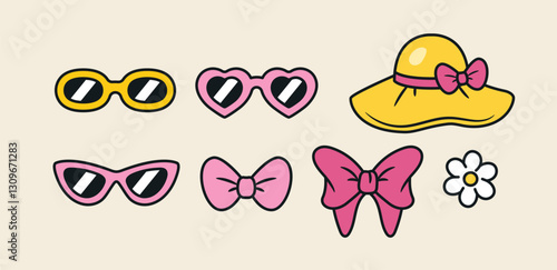 70s groovy comic set. Cute retro icons with different stylish accessories, bows, hats and sunglasses. Design Elements for Stickers. Outline doodle illustration collection isolated on background