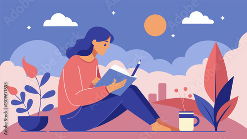 In the peaceful stillness of the morning the writer uses their journal as a canvas to document and explore their dreams desires and aspirations.. Vector illustration