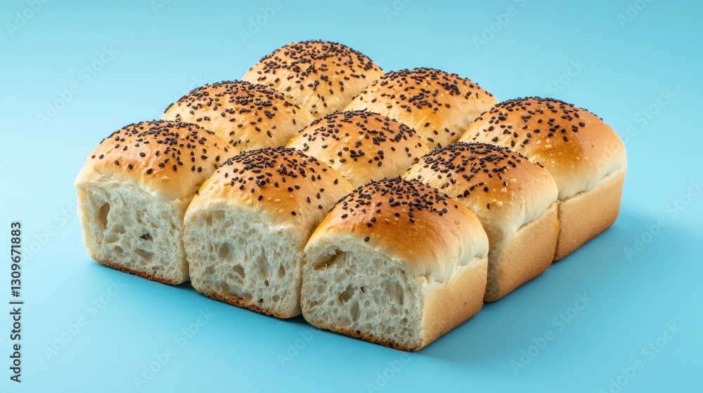 Freshly Baked Soft Bread Rolls with Black Seeds on Blue Background Freshly Baked Soft Bread Rolls with Black Seeds on Blue Background