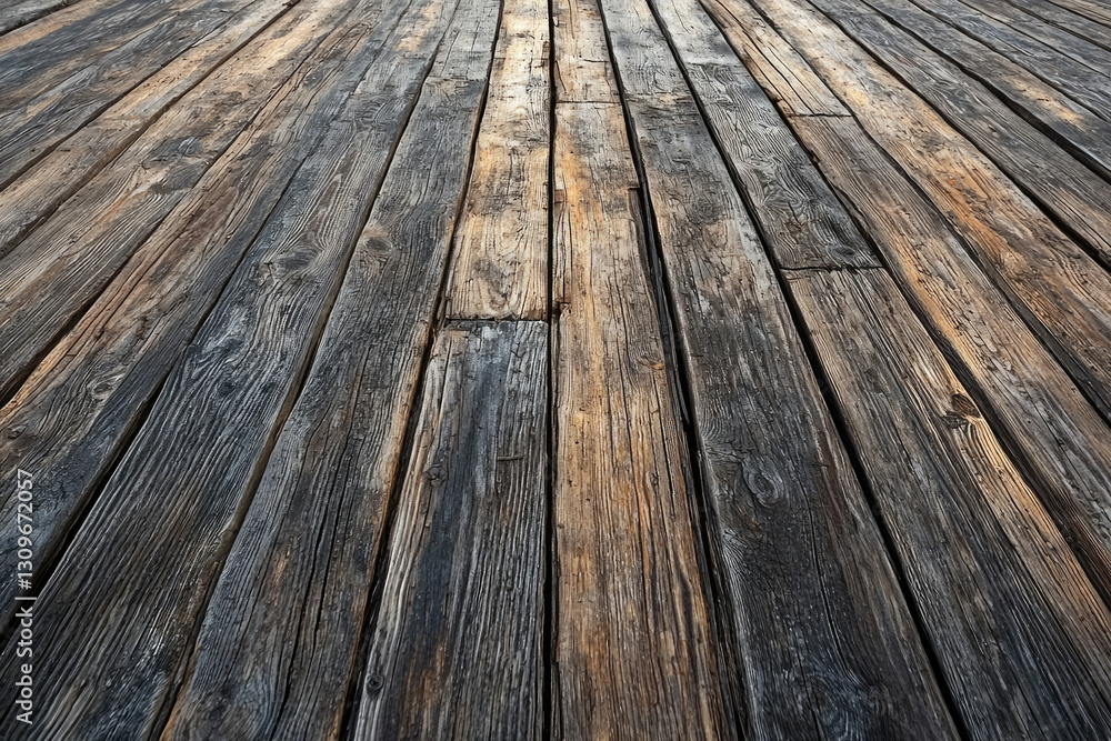 Old weathered wooden planks create a rustic, textured floor with a perspective vanishing point.