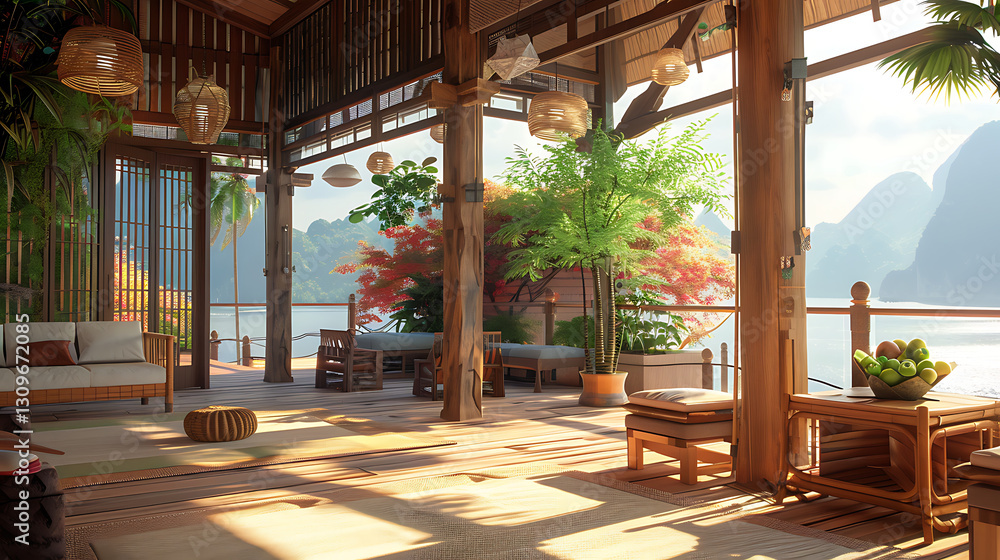 Obraz premium A tropical resort villa interior with bamboo furnishings and ocean breezes