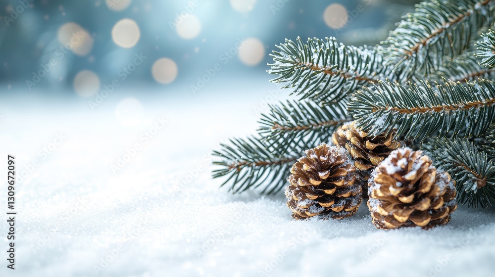 Snowy Fir Branches & Pine Cones - Winter Scene Snowy Fir Branches & Pine Cones - Winter Scene