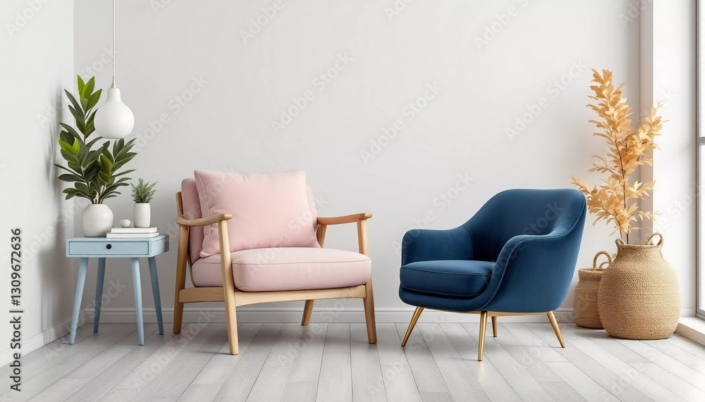 Fototapeta premium Cozy Interior: Pink and Blue Chairs with Stylish Decor for Comfortable Home