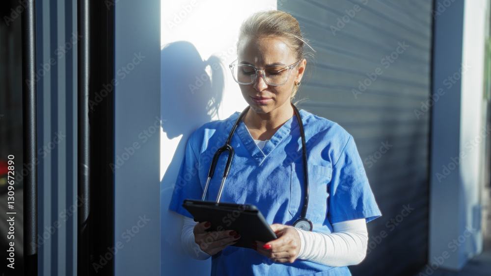 Fototapeta premium Female healthcare worker in blue scrubs using tablet stands outside hospital on urban street in sunlight, demonstrating dedication and modern technology in medical practice.