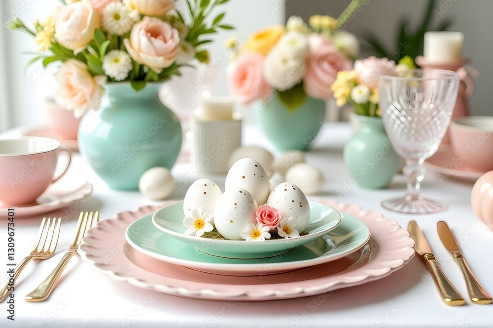 Elegant Easter Eggs Table Setting with Festive Flowers Elegant Easter Eggs Table Setting with Festive Flowers