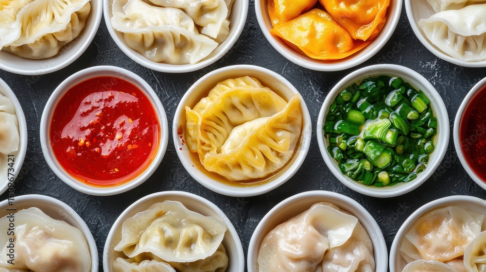 Variety of Dumplings in Bowls with Sauces on Dark Background Variety of Dumplings in Bowls with Sauces on Dark Background