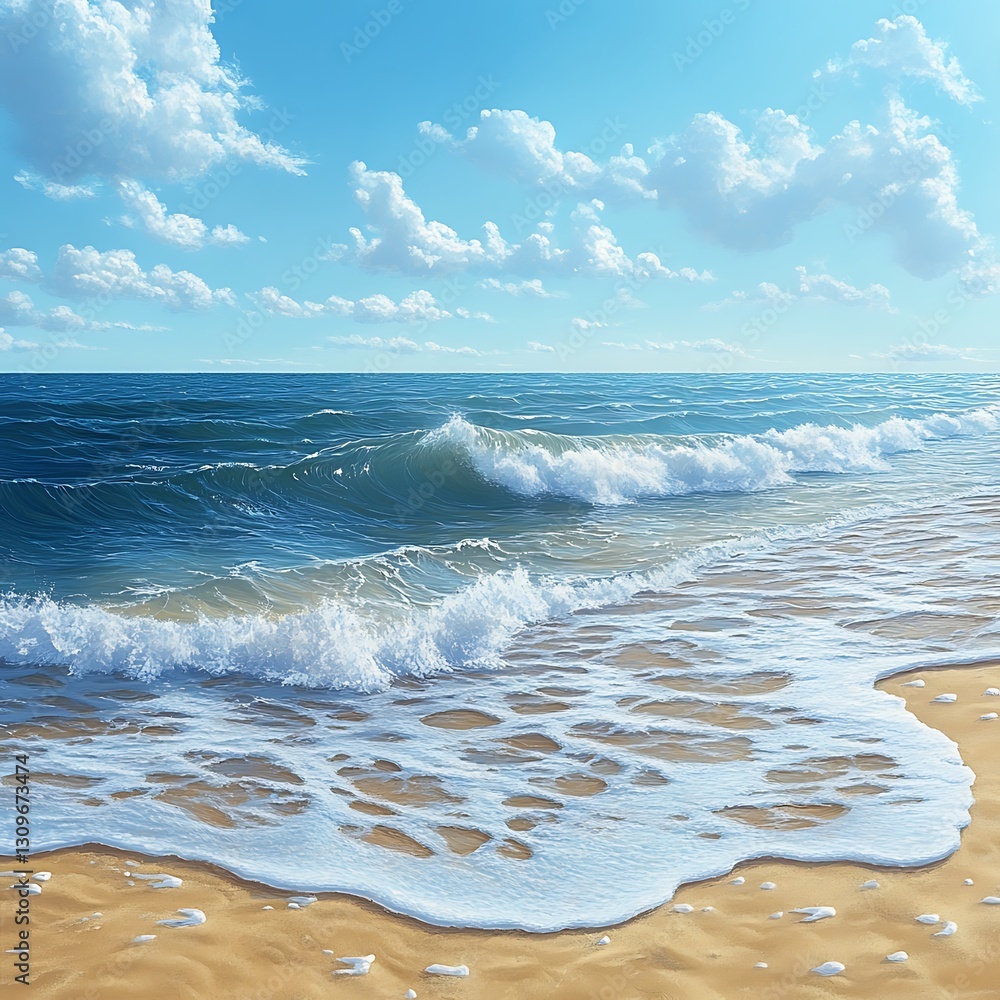 Fototapeta premium Ocean's Embrace: Captivating azure waves gently caress the sun-kissed shoreline. Serene seascape under a partly cloudy sky, evoke a sense of tranquility and natural splendor. 