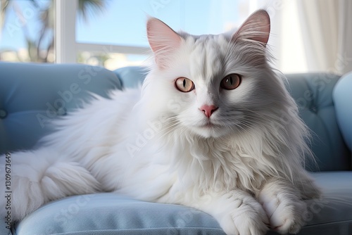 Wallpaper Mural A fluffy white cat with striking pink accents is comfortably resting on a light blue couch in a well-lit living room, enjoying the warm sunlight filtering through the window Torontodigital.ca