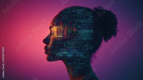 Silhouette of woman with digital circuit overlay, futuristic technology concept, vibrant neon colors, artificial intelligence theme, National Techies Day