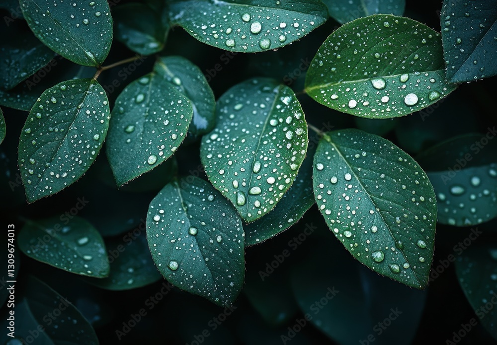Obraz premium Close-Up View of Fresh Green Leaves with Water Droplets, Highlighting Nature's Beauty and Detail in a Lush Garden Setting, Ideal for Eco-Friendly Themes