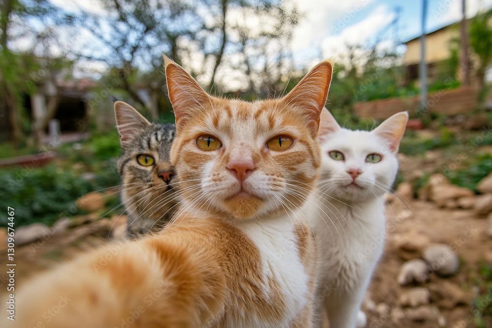 Generative AI image of a playful cat taking a selfie outdoors Generative AI image of a playful cat taking a selfie outdoors