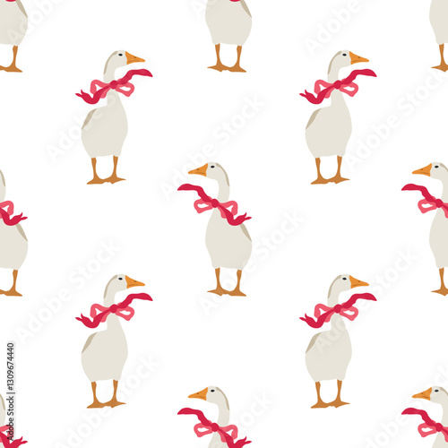 Festive geese in cute red ribbon bows. Vector seamless pattern in retro vintage style on transparent background. Wallpaper background for textile, wallpaper, wrapping.
