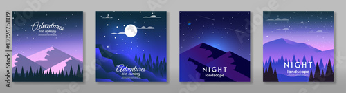 Vector illustration. Set of cards, flat style landscape. Aurora borealis with mountains. Design for poster, postcard, banner, cover.
