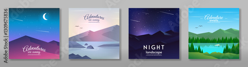 Vector illustration. Set of cards, flat style landscape. Aurora borealis with mountains. Design for poster, postcard, banner, cover.