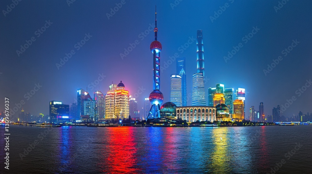 Shanghai Skyline at Night, Cityscape Reflection Shanghai Skyline at Night, Cityscape Reflection